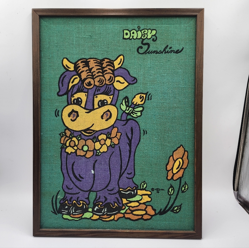 Vintage DAISY SUNSHINE PURPLE COW Tandy Corp BULLETIN BOARD BURLAP WALL  ART